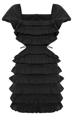 Black Frill Detail Cut Out Puff Sleeve Bodycon Dress