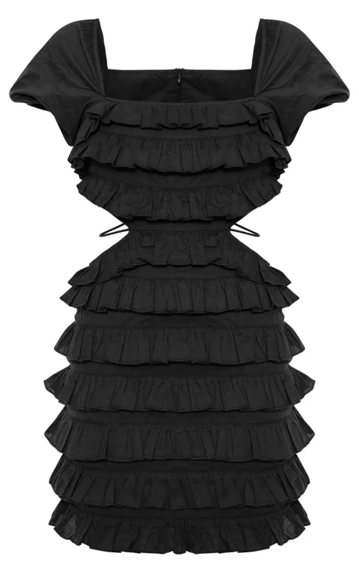 Black Frill Detail Cut Out Puff Sleeve Bodycon Dress