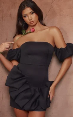 Black Frill Detail Puff Sleeve Bardot Bodycon Dress