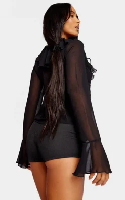 Black Frill Plunge Long Sleeve Frill Cuff Blouse