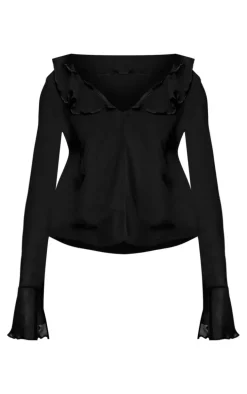 Black Frill Plunge Long Sleeve Frill Cuff Blouse