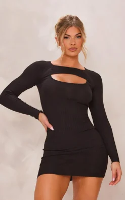 Black Front Cut Out Rib Knit Mini Dress