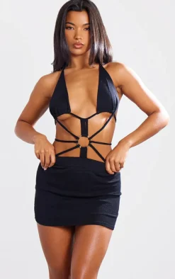 Black Front O Ring Strappy Mini Knit Dress