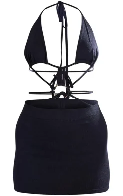 Black Front O Ring Strappy Mini Knit Dress