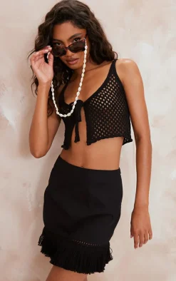 Black Front Tie Crochet Top