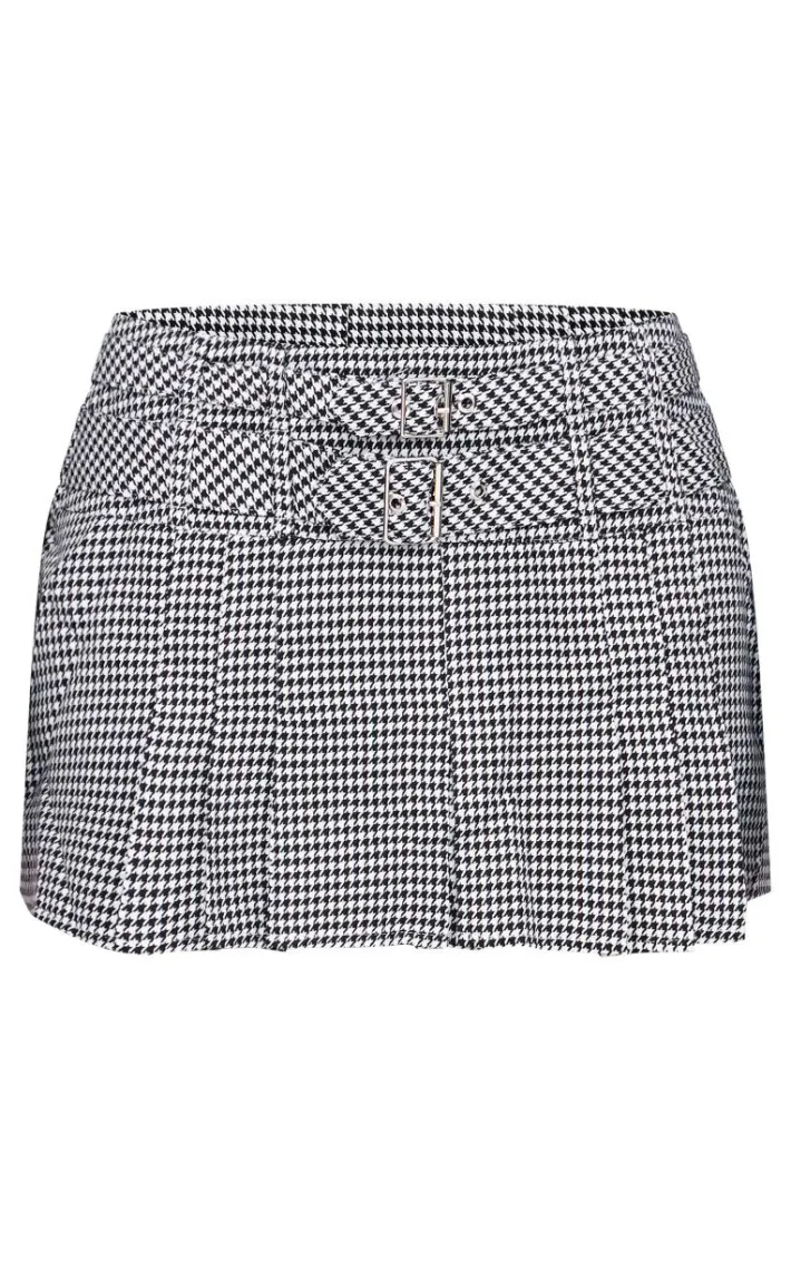 Black Gingham Double Buckle Pleated Mini Skirt