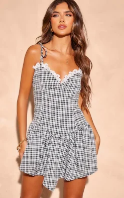 Black Gingham Lace Frill Strappy Shift Dress
