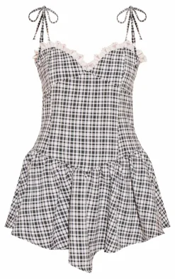 Black Gingham Lace Frill Strappy Shift Dress