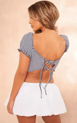 Black Gingham Puff Sleeve Tie Back Crop Top