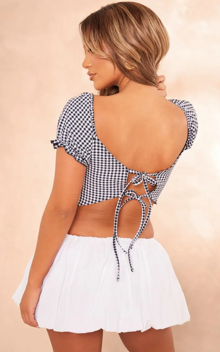 Black Gingham Puff Sleeve Tie Back Crop Top