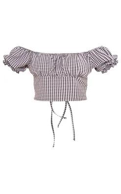 Black Gingham Puff Sleeve Tie Back Crop Top