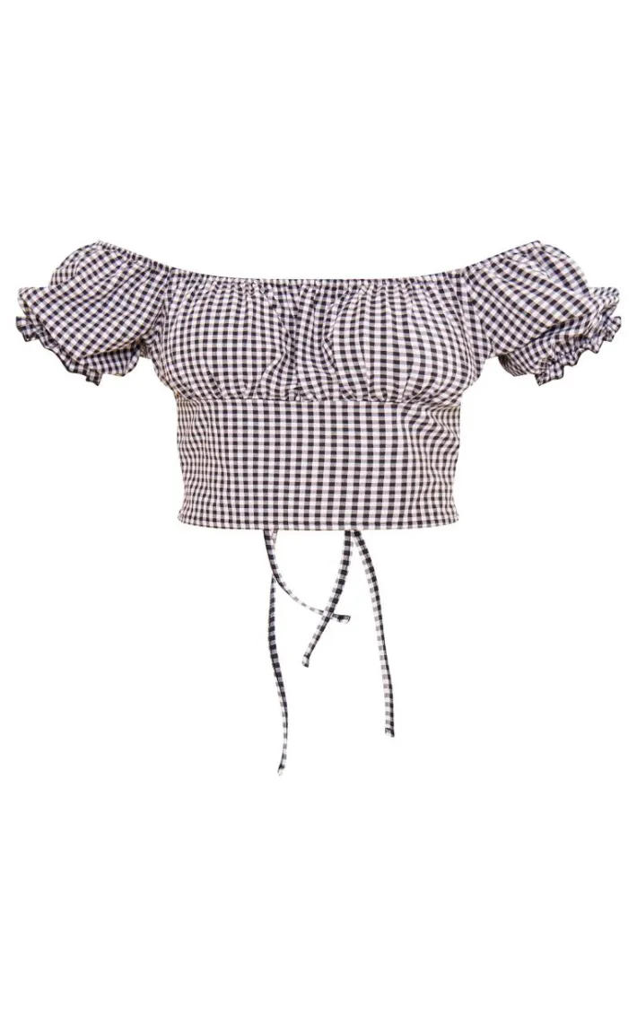 Black Gingham Puff Sleeve Tie Back Crop Top