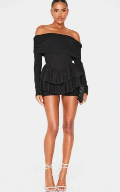 Black Glitter Bardot Long Sleeve Rara Romper