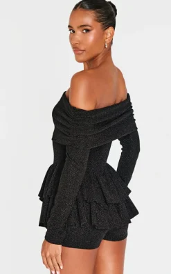 Black Glitter Bardot Long Sleeve Rara Romper