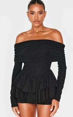 Black Glitter Bardot Long Sleeve Rara Romper