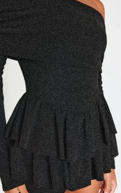 Black Glitter Bardot Long Sleeve Rara Romper