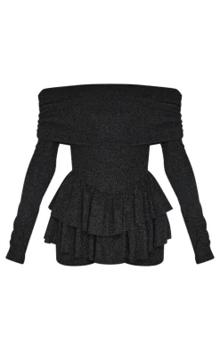 Black Glitter Bardot Long Sleeve Rara Romper