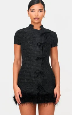 Black Glitter Boucle Feather Trim Mini Dress