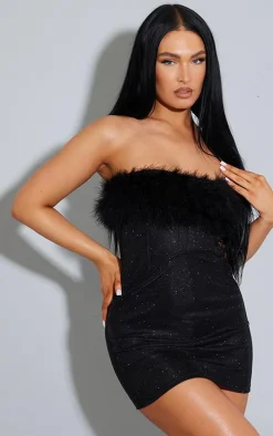 Black Glitter Corset Feather Bandeau Bodycon Dress