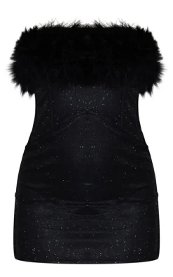 Black Glitter Corset Feather Bandeau Bodycon Dress