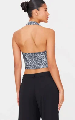 Black Glitter Detail Leopard Ring Strap Cowl Neck Top