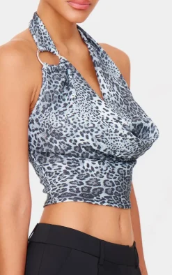 Black Glitter Detail Leopard Ring Strap Cowl Neck Top