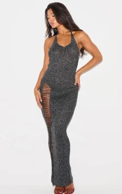 Black Glitter Knit Distressed Ladder Halterneck Maxi Dress