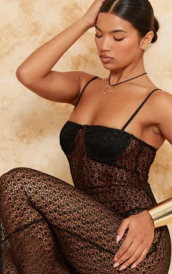 Black Glitter Lace Cup Detail Strappy Midaxi Dress