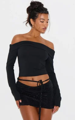 Black Glitter Lurex Lace Up Detail Mini Skirt