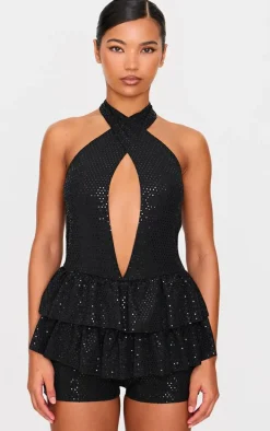 Black Glitter Sequin Halterneck Rara Skort Romper