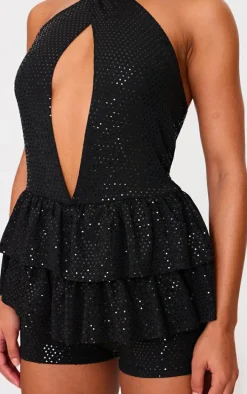 Black Glitter Sequin Halterneck Rara Skort Romper