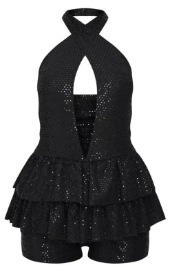 Black Glitter Sequin Halterneck Rara Skort Romper