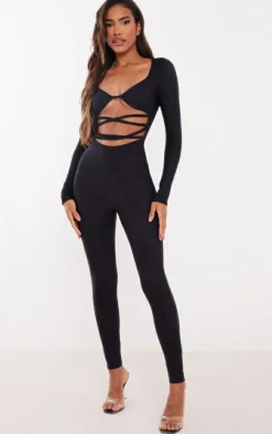 Black Glitter Stripe Long Sleeve Strappy Waist Jumpsuit