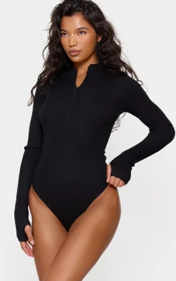 Black Half Zip Knitted Bodysuit