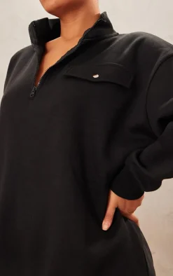 Black Half Zip Pocket Detail Sweater Dress