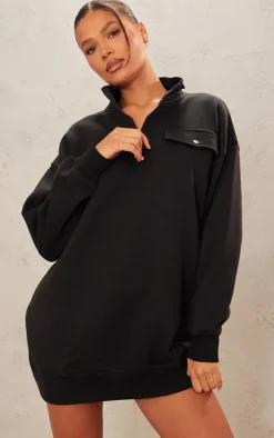 Black Half Zip Pocket Detail Sweater Dress