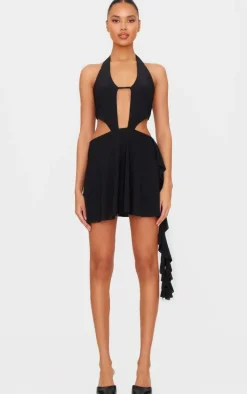 Black Halter Deep Plunge Shift Dress