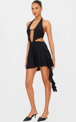 Black Halter Deep Plunge Shift Dress