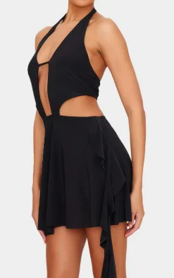 Black Halter Deep Plunge Shift Dress