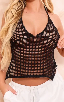 Black Halter Fishnet Crochet Under Bust Crop Top