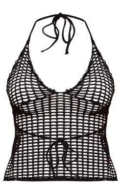 Black Halter Fishnet Crochet Under Bust Crop Top