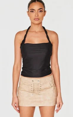 Black Halter Neck Twist Strap Detail Crop Top