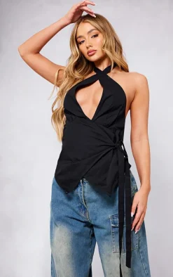 Black Halter Neck Wrap Bow Tie Cami