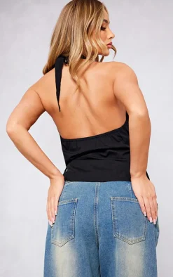 Black Halter Neck Wrap Bow Tie Cami