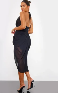 Black Halterneck Cowl Drape Midi Dress