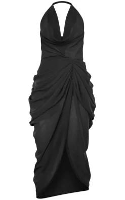 Black Halterneck Cowl Drape Midi Dress