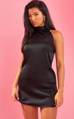 Black Halterneck Satin Bodycon Dress