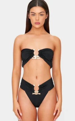 Black Hammered Trim Bandeau Bikini Top