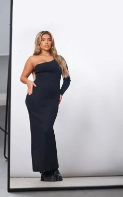 Black Heavy Brushed Rib One Shoulder Midaxi Dress