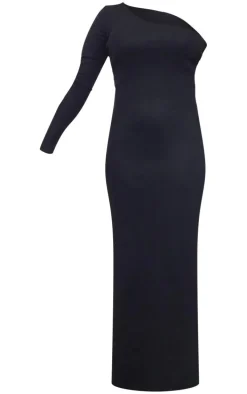 Black Heavy Brushed Rib One Shoulder Midaxi Dress